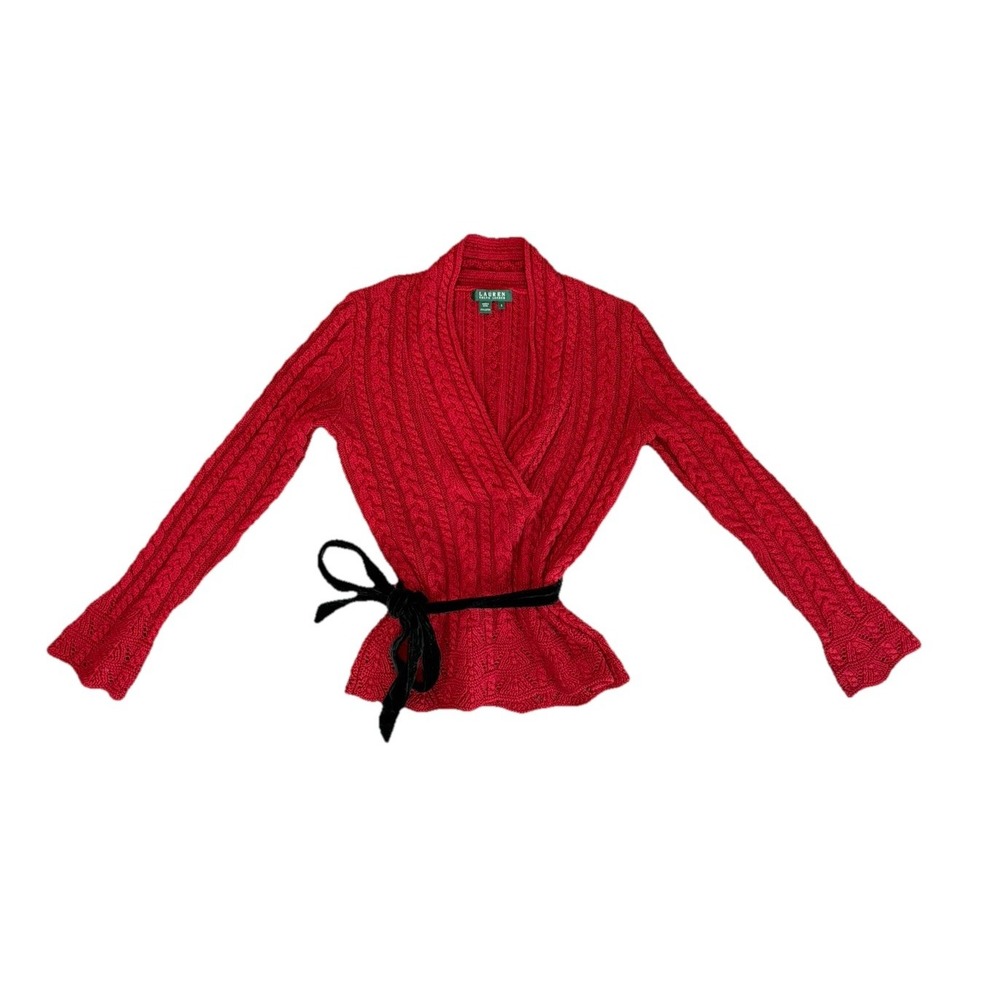 Lauren Ralph Lauren Red Cable Knit Shawl Neck Sweater with Velvet Belt Small